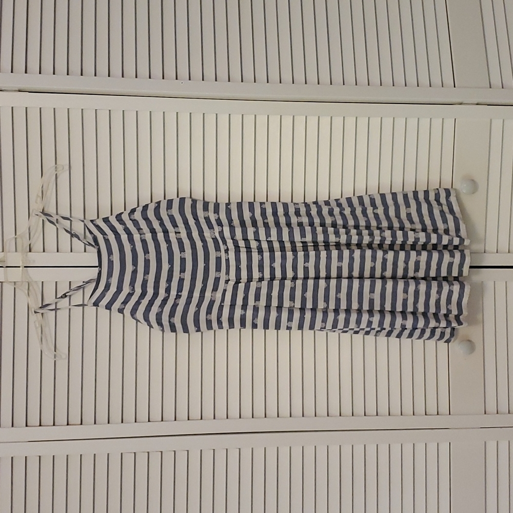 Blue and white striped sun dress. M, Medium. Pockets. Just above knee length.